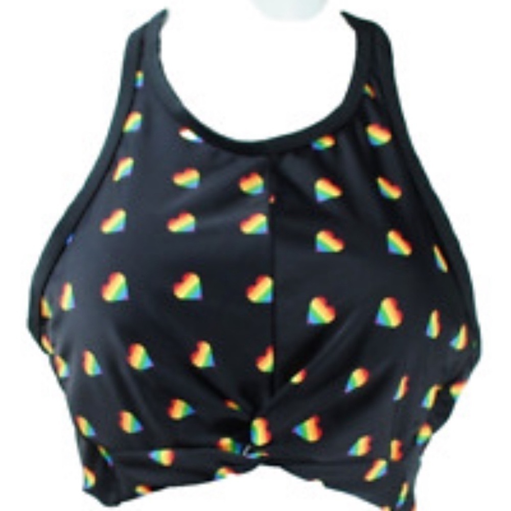 Sirena Brand Black Bikini/Tankini Top with rainbow Hearts High Neck Size 2XL